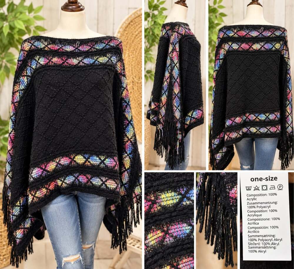 Unbranded Knitted Poncho Shawl One-Size Black Multi Tassel Fringe